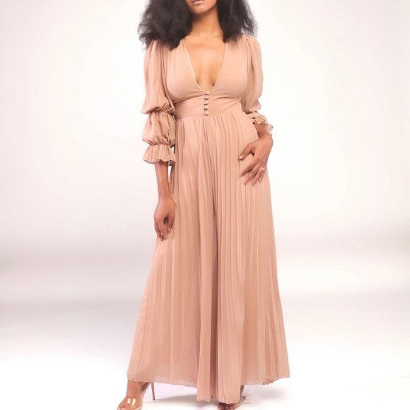 Glamour Long Sleeve Pleated Jumpsuit - Picture 2 of 5